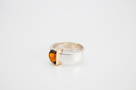 Sterling Silver Ring With A Halfmoon Citrine Set In 9ct Yellow Gold.